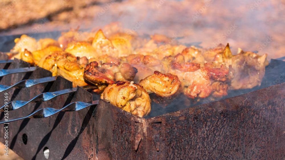 Pieces of chicken meat grilled on the grill. Traditional and popular dish during summer seasonal out