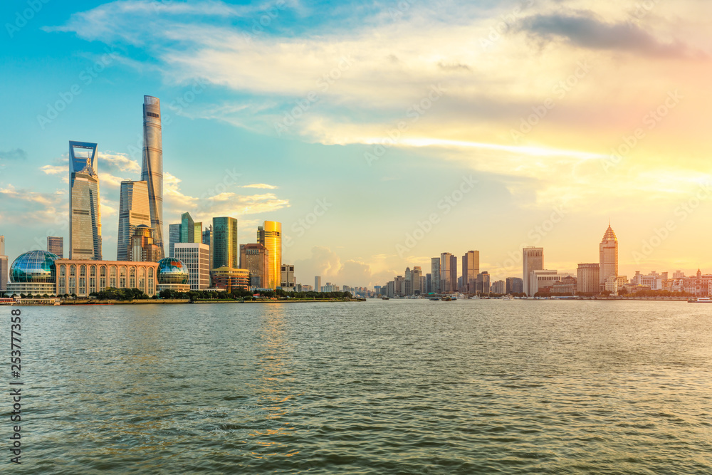 Beautiful Shanghai cityscape and clouds at sunset