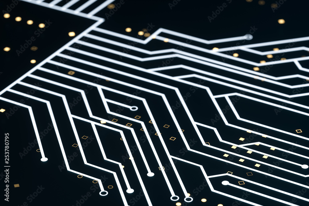 golden glowing circuit components, 3d rendering