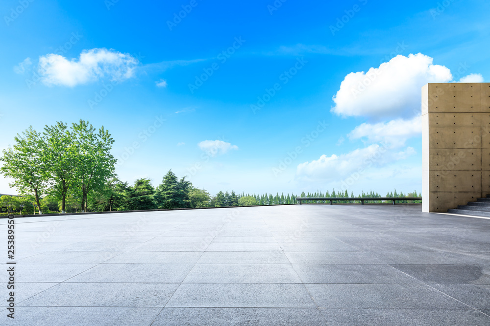 城市公园空荡荡的广场层和绿色的森林