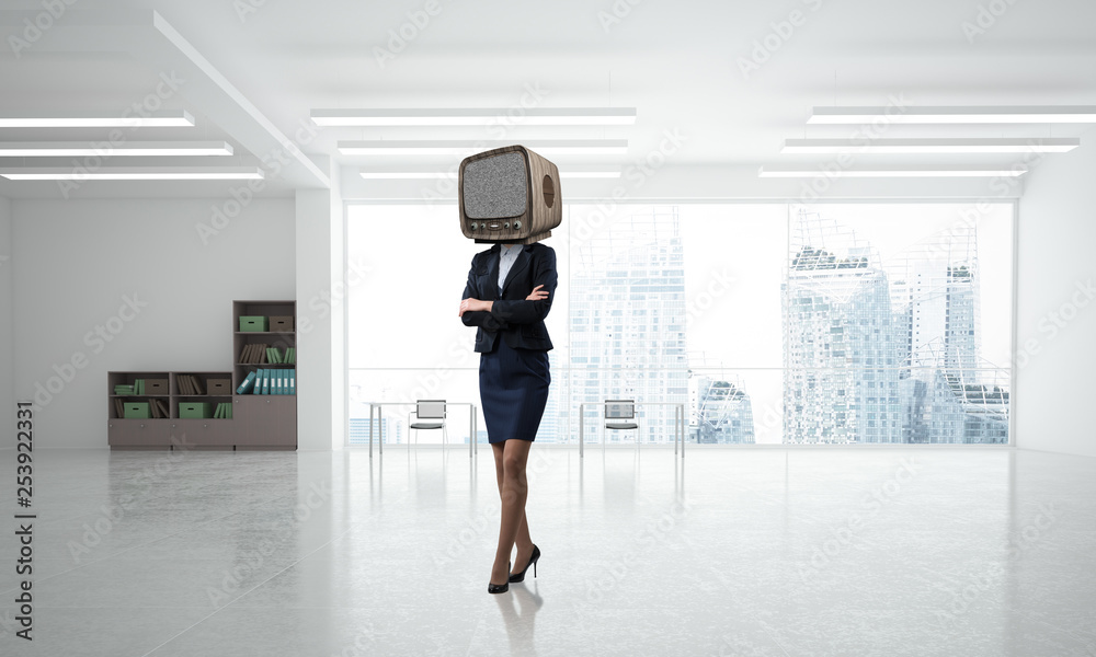 Business woman with an old TV instead of head.