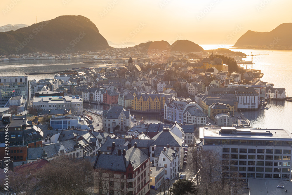 Beautiful Alesund town in Norway at sunset