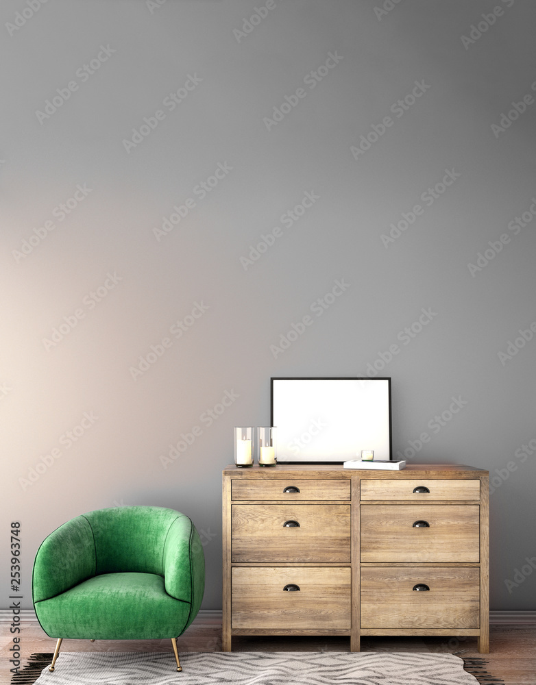 Reception Interior design with armchair and cabinet on wooden floor and gray wall background,3d rend