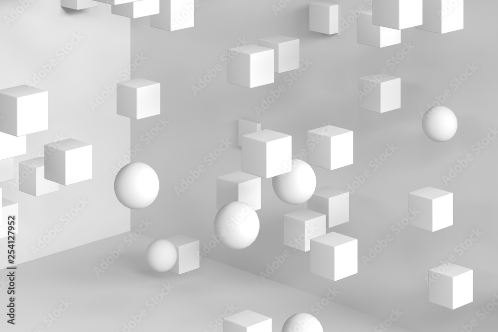 white balls and cubes, 3d rendering