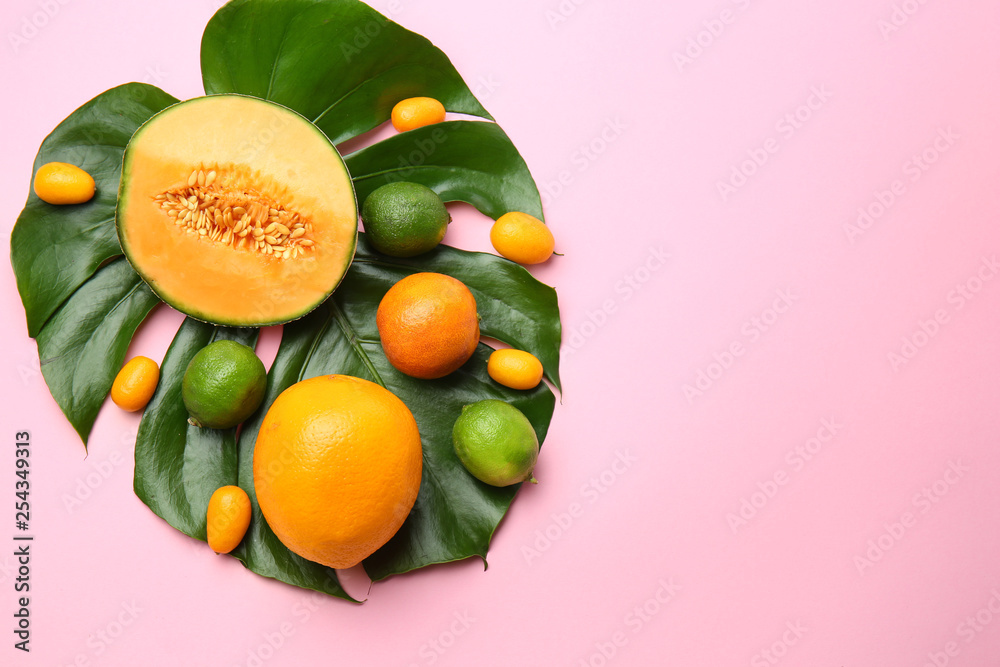 Assortment of tasty exotic fruits with tropical leaf on color background