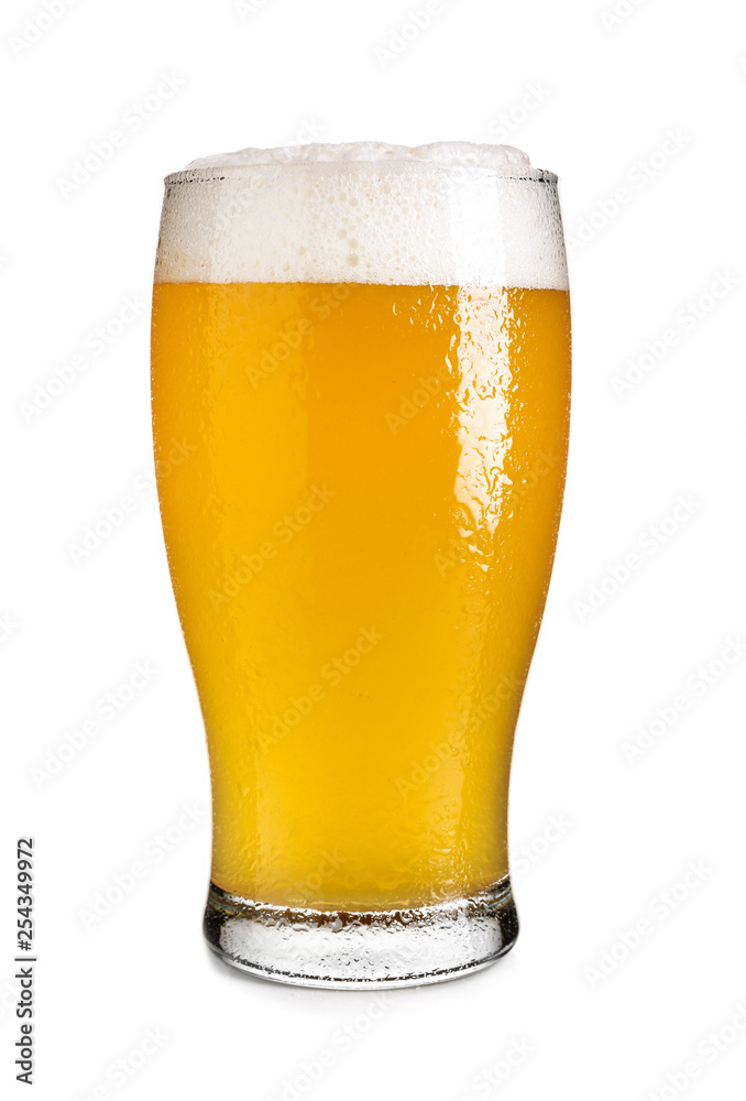 Glass of fresh beer on white background