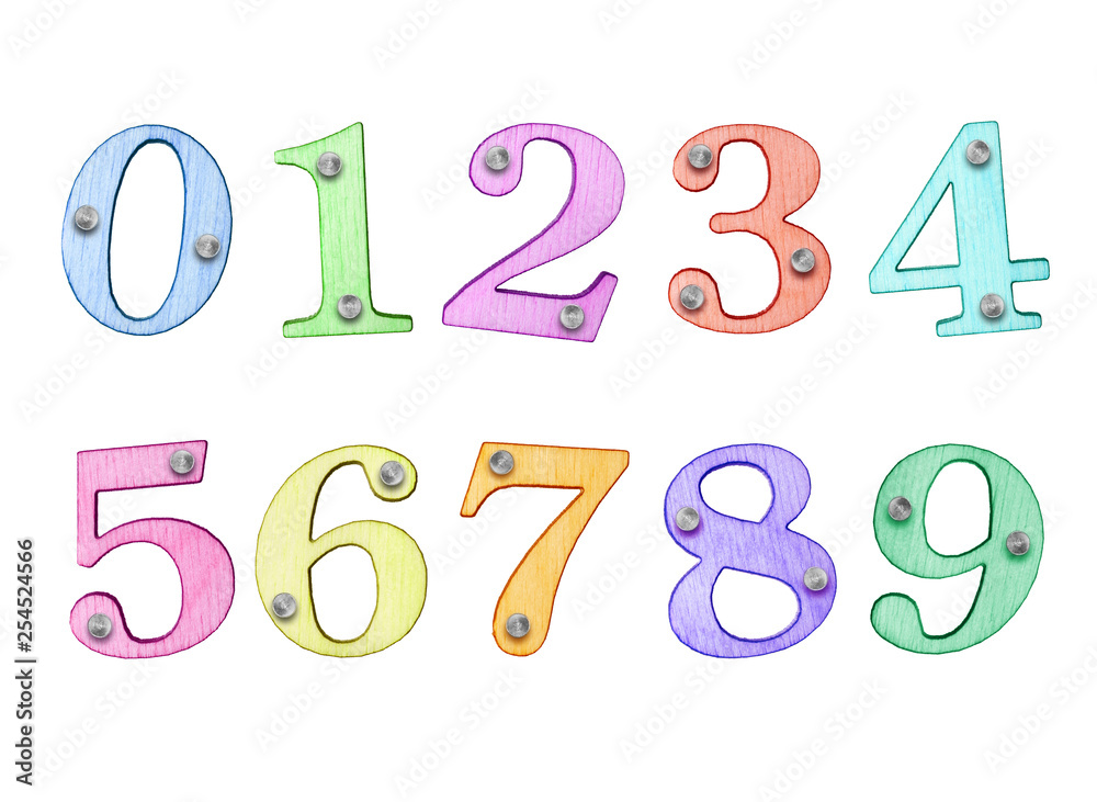 Colored numbers made of wood with nails, isolated on white background (part 2.Numbers)