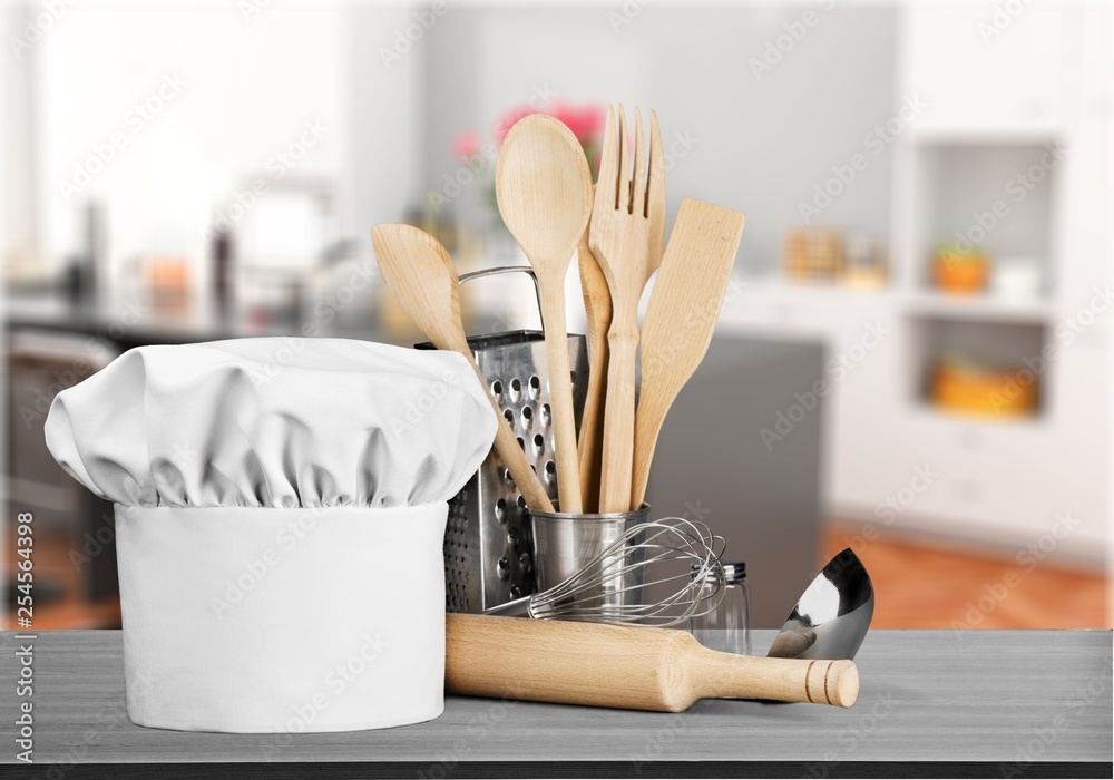 Set of kitchen utensils on background