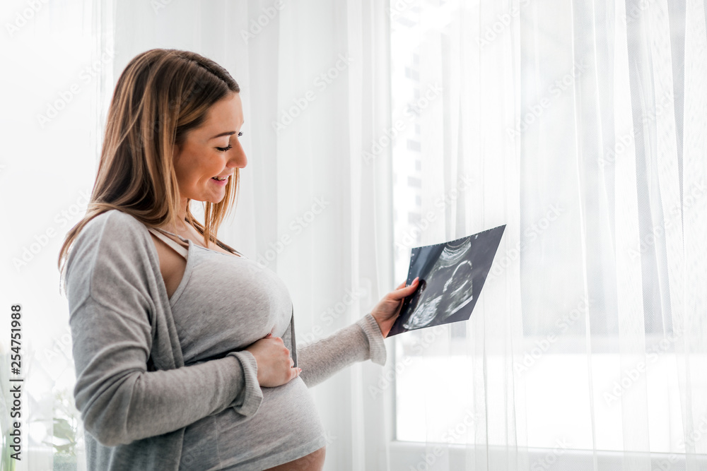 Pregnant woman at home looking her baby on ultrasound image, usg photo