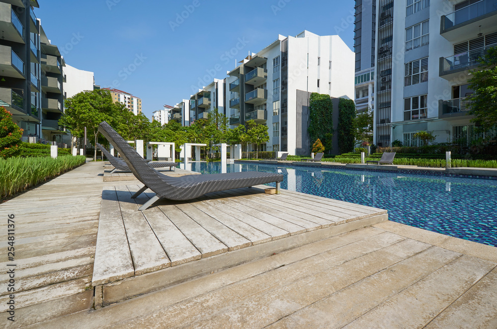 Modern residential buildings with outdoor facilities, Facade of new low-energy houses .