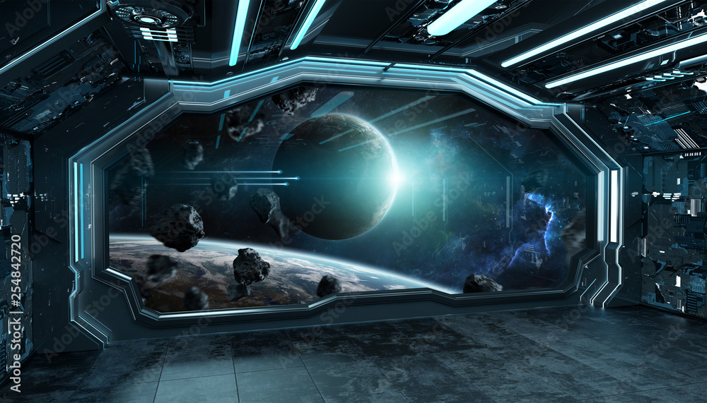 Dark blue spaceship futuristic interior with window view on space and planets 3d rendering