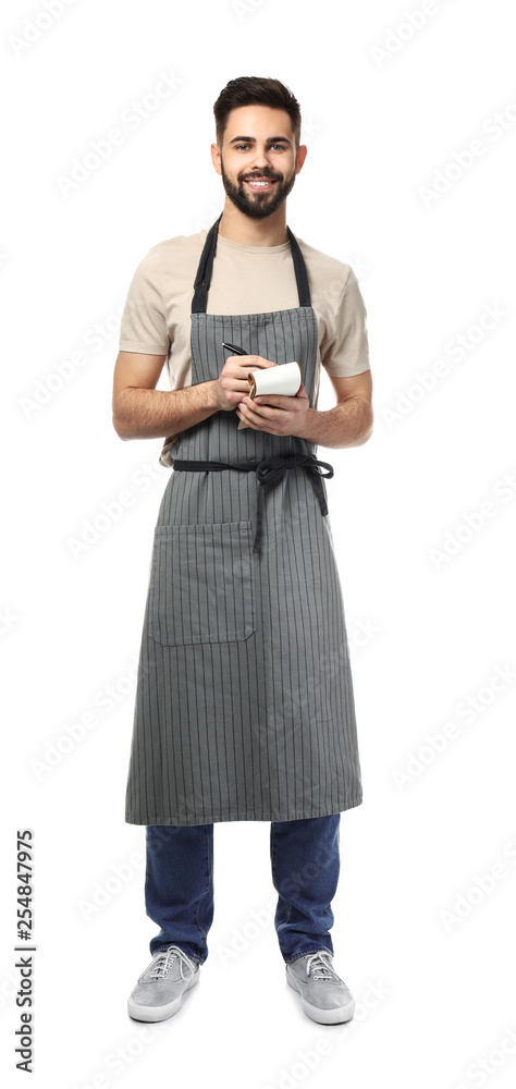 Handsome waiter with notebook on white background