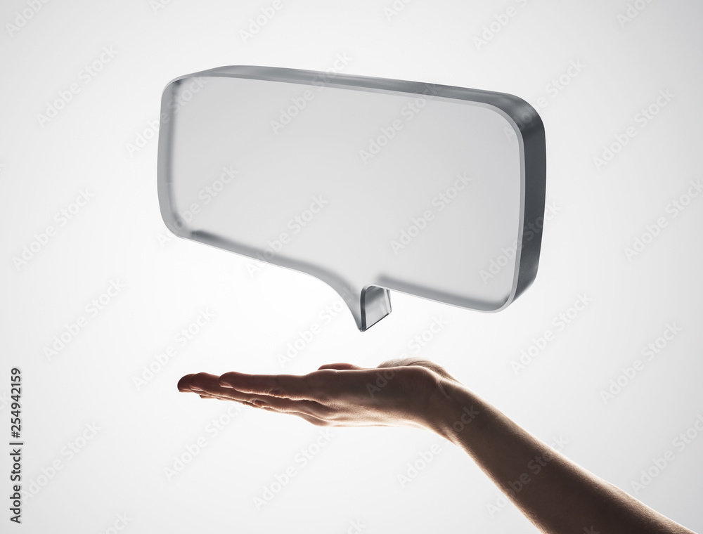 Concept of communication by glass empty chat icon on gray background