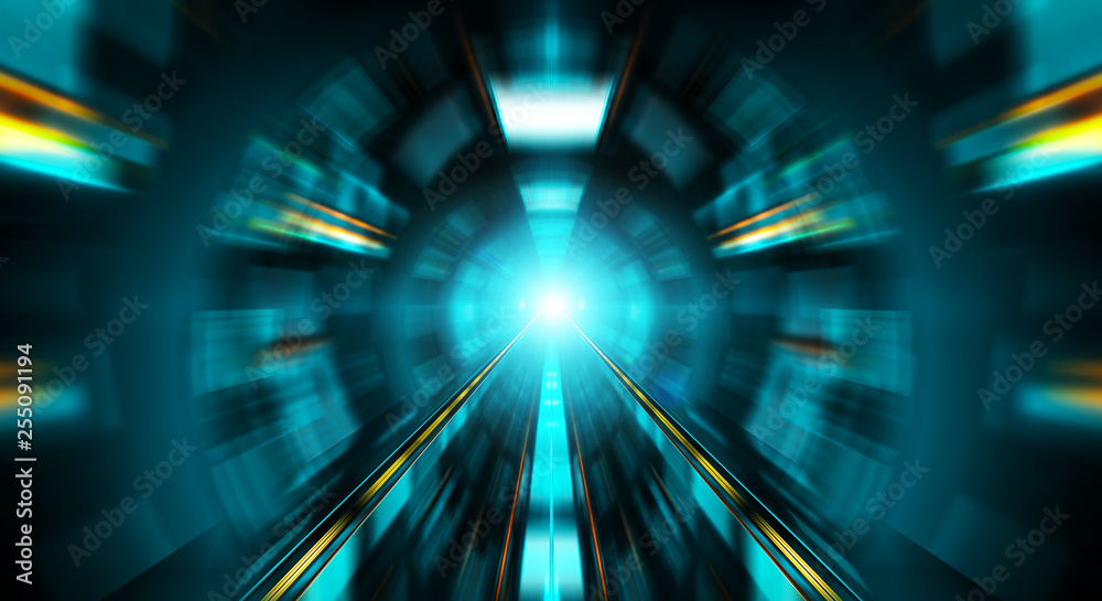 Abstract zoom effect in a blue dark tunnel background with traffic lights