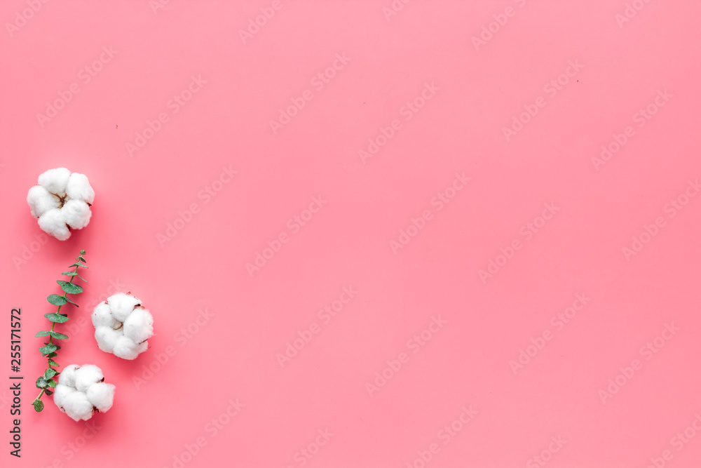 Natural flowers composition with eucalyptus branches and cotton flowers on pink background top view,