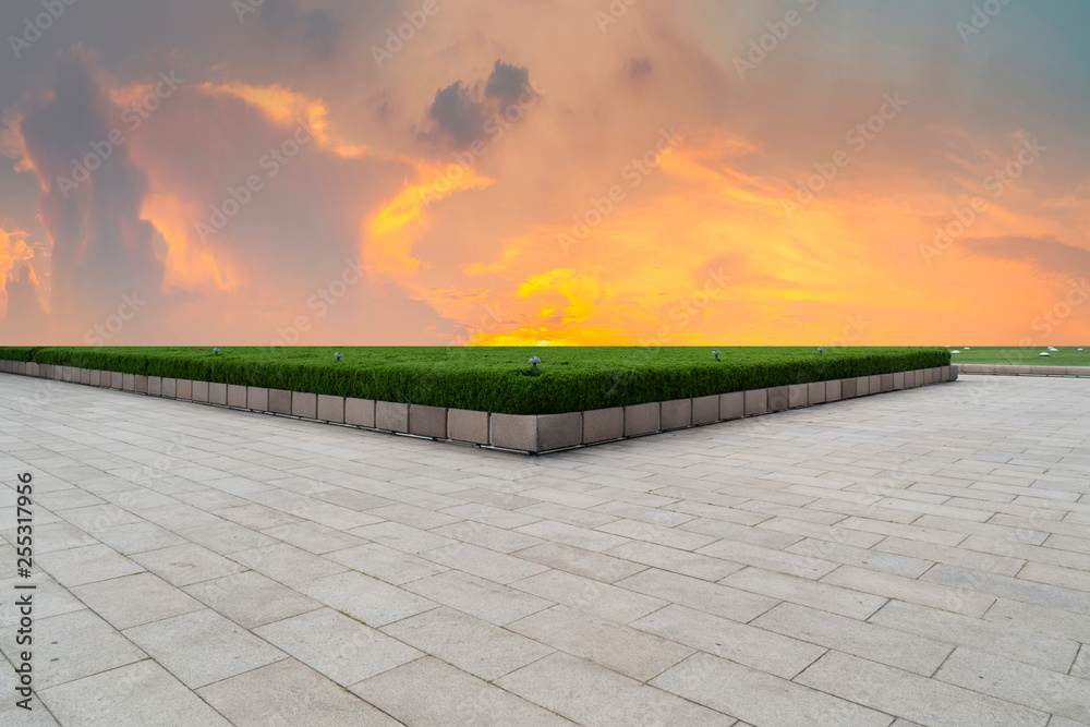 Empty square tiles and beautiful sky scenery