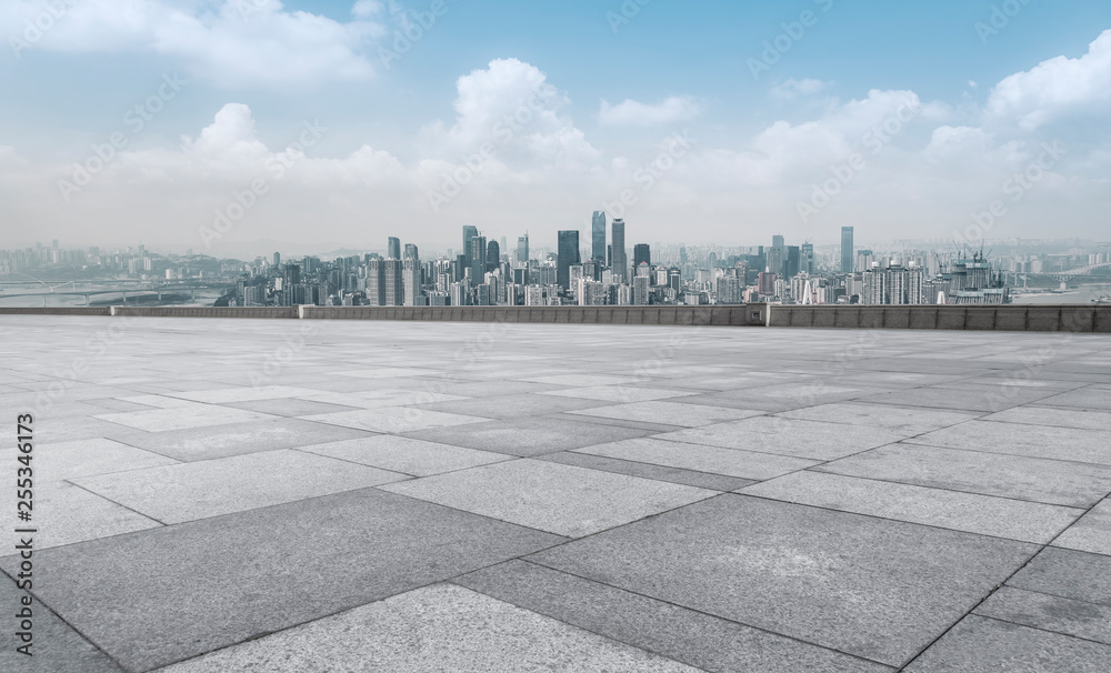 Urban skyscrapers with empty square floor tiles