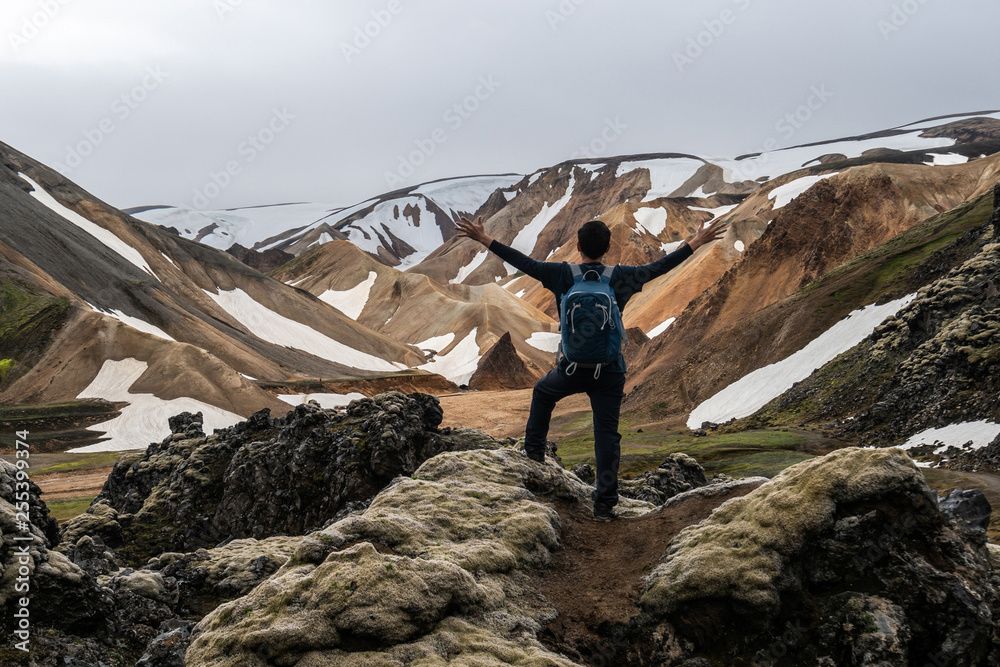 旅行者在欧洲北欧冰岛高地的Landmannaulaugar超现实自然景观徒步旅行。