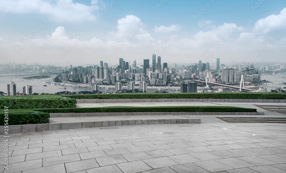 Urban skyscrapers with empty square floor tiles