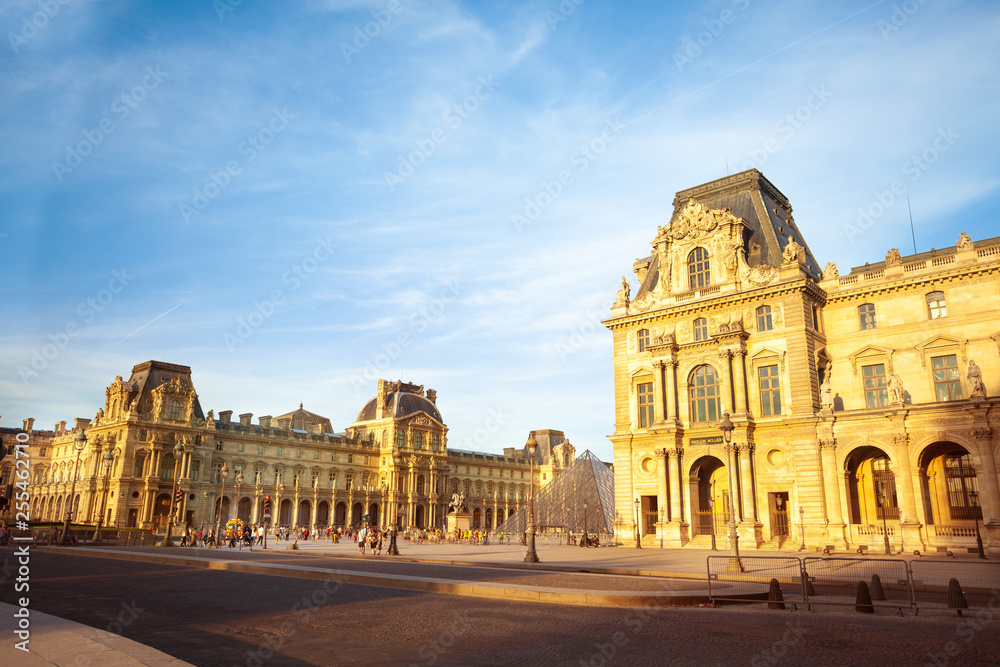 Louvre Palace and the pyramid in Paris, France