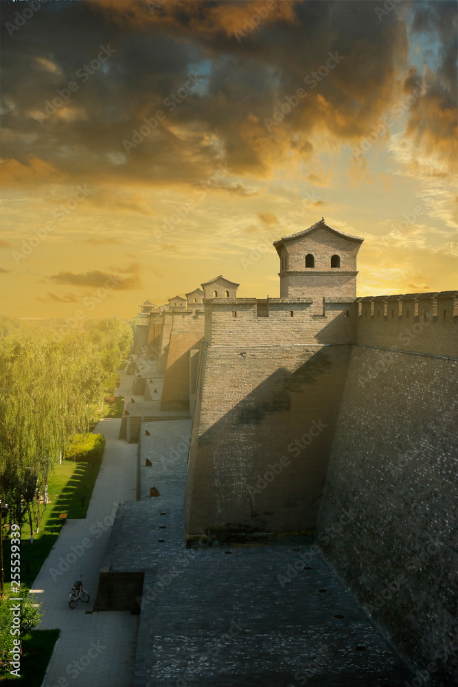 Sunset on the wall, fortification of the old city  of  Pingyao ,Shanxi ,China