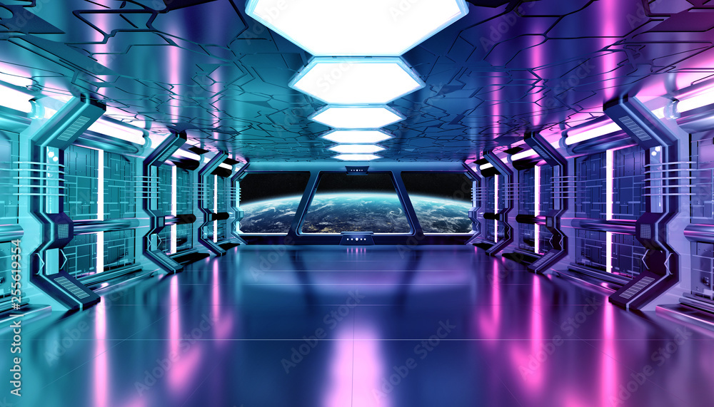 Dark blue pink spaceship futuristic interior with window view on planet Earth 3d rendering