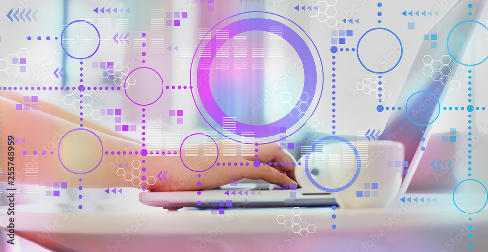 Digital graphs and hexagon grids with woman using a laptop on a coffee table 