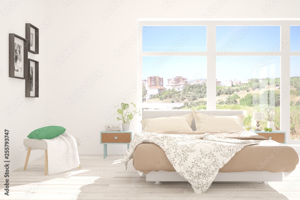 White stylish minimalist bedroom. Scandinavian interior design. 3D illustration