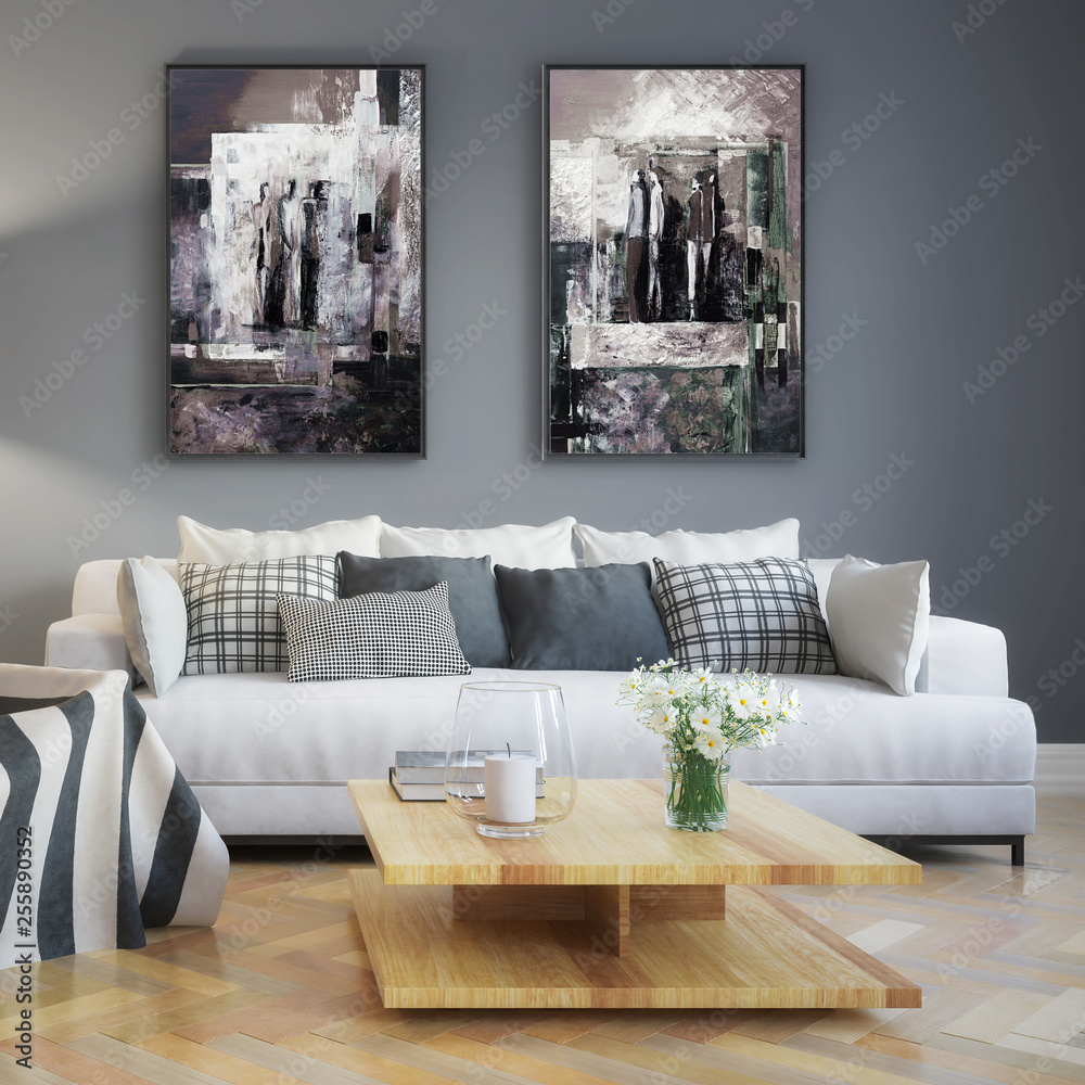 Modern living room interior with abstrack paintings (detail) - 3d illustration