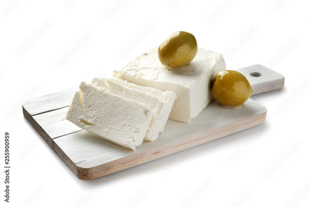 Tasty feta cheese on white background