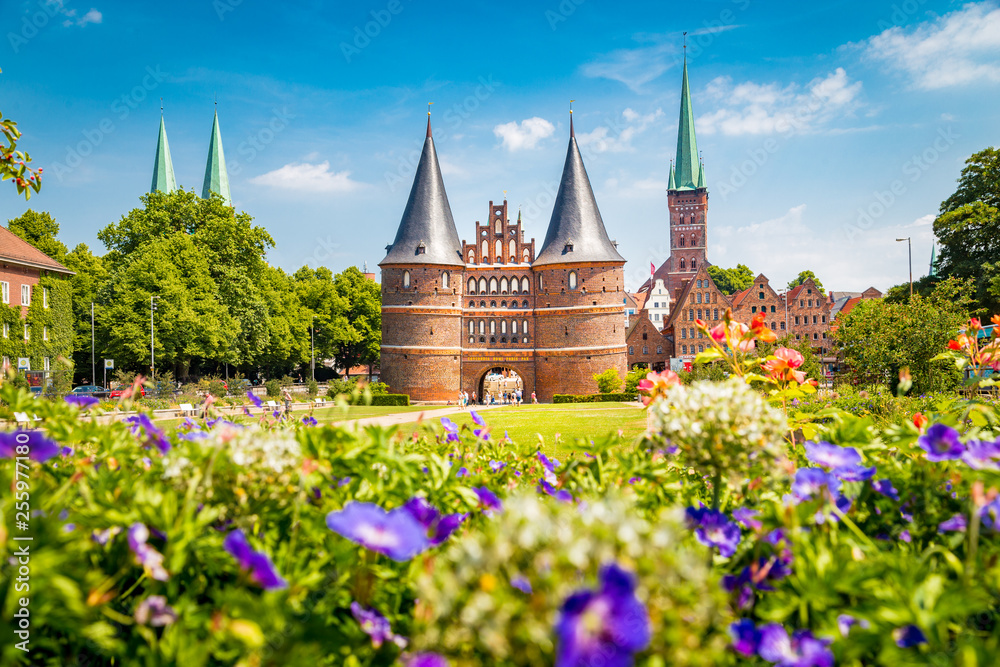 Historic town of Lübeck with famous Holstentor gate in summer, Schleswig-Holstein, northern Germany