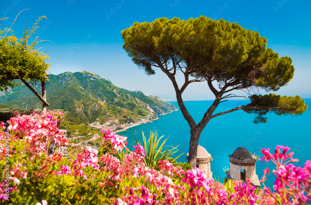 Amalfi Coast with Gulf of Salerno from Villa Rufolo gardens in Ravello, Campania, Italy