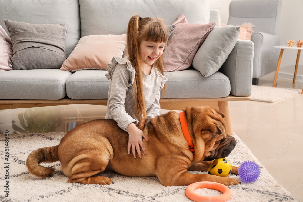 Cute little girl playing with funny dog at home