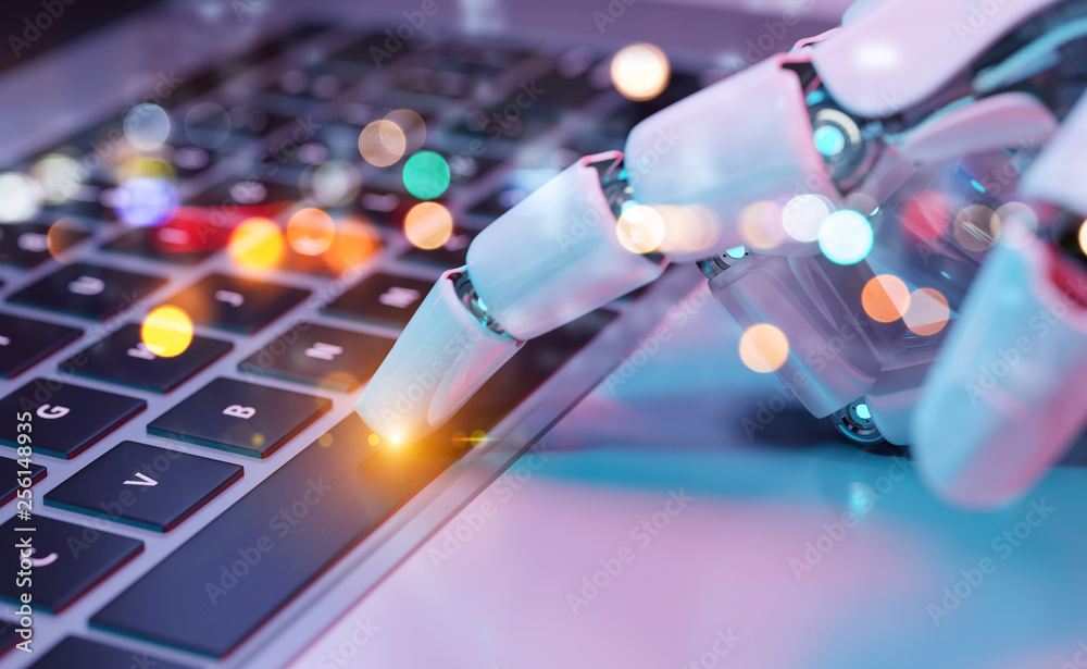 Robotic hand pressing a keyboard on a laptop 3D rendering