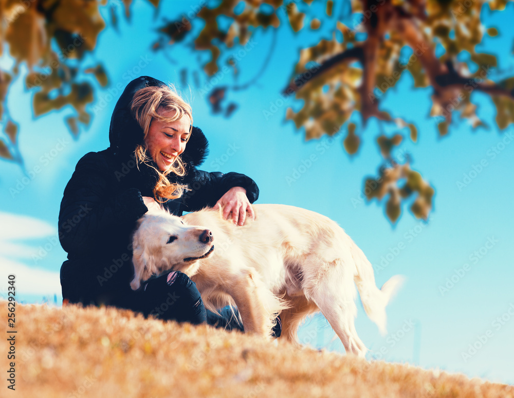 Perros graciosos. Golden retriever. Mujer joven y sus mascotas pasando un rato divertido al aire lib