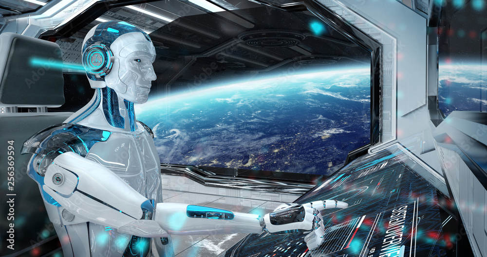 Robot in a control room flying a white modern spaceship with window view on space 3D rendering