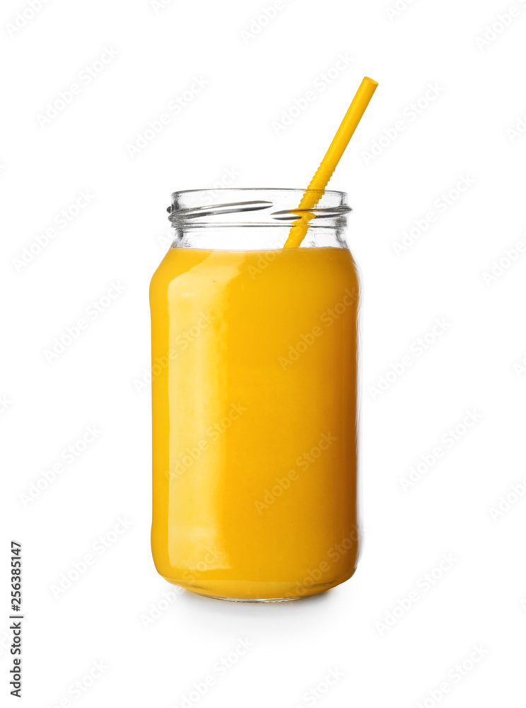 Jar of tasty orange juice on white background