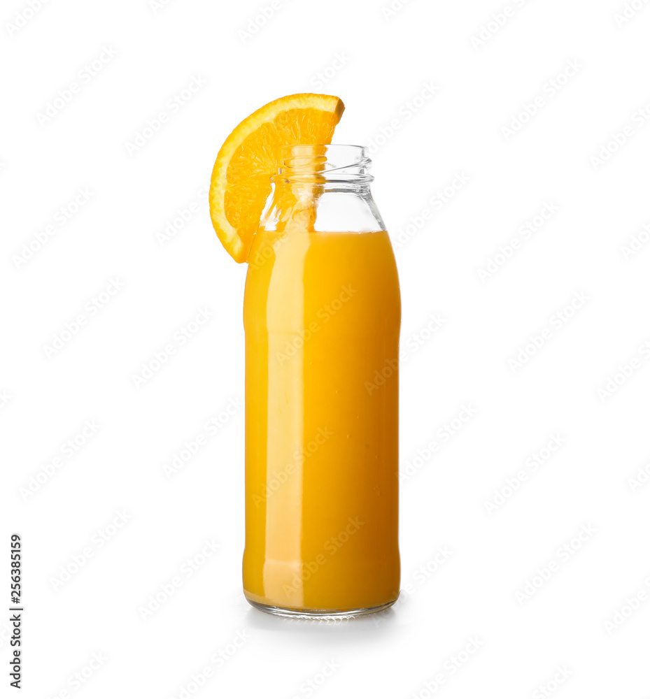 Bottle of tasty orange juice on white background