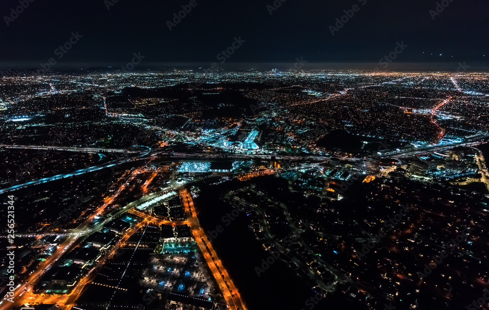 Aerial view of a massive highway in Los Angeles, CA at night