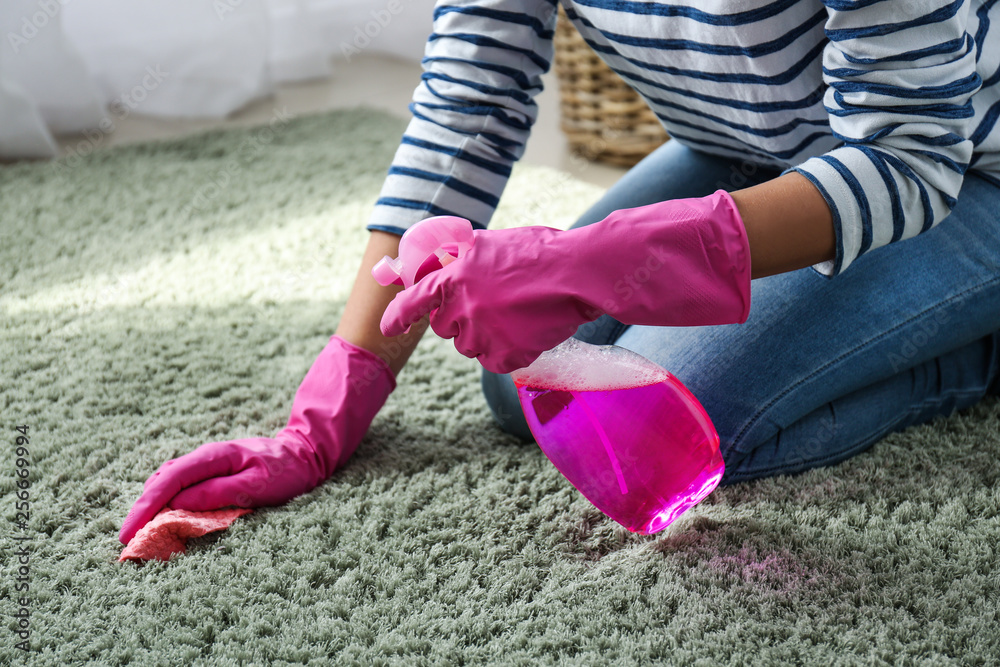 Woman cleaning carpet at home