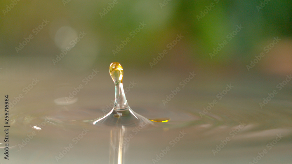 MACRO: Shiny drop of organic sunflower oil falls into a sink full of still water