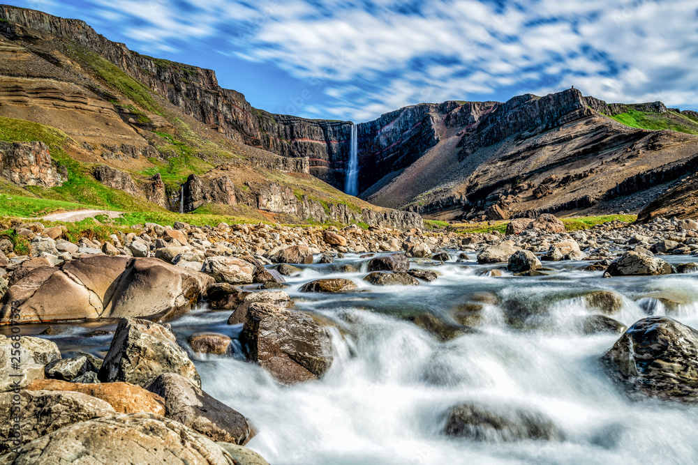 Beautiful Hengifoss Waterfall in Eastern Iceland. Nature travel landscape.