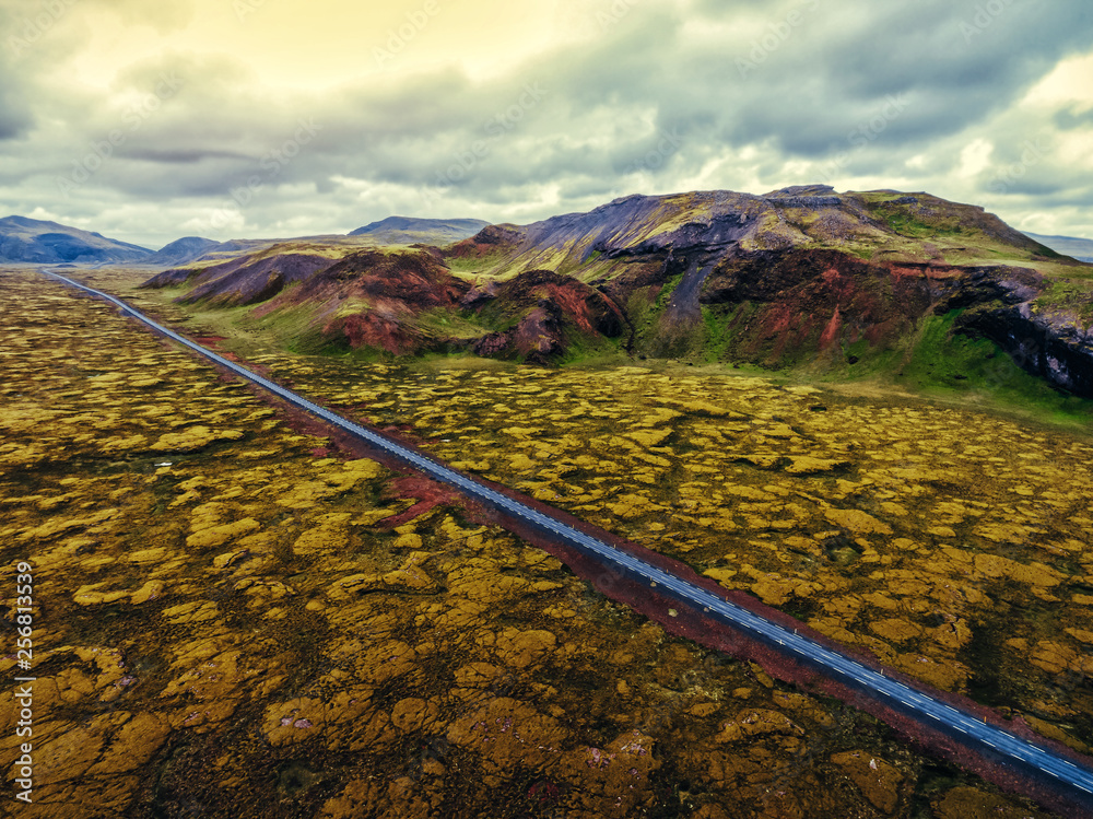 Aerial view of mossy lava field in Iceland, Europe.