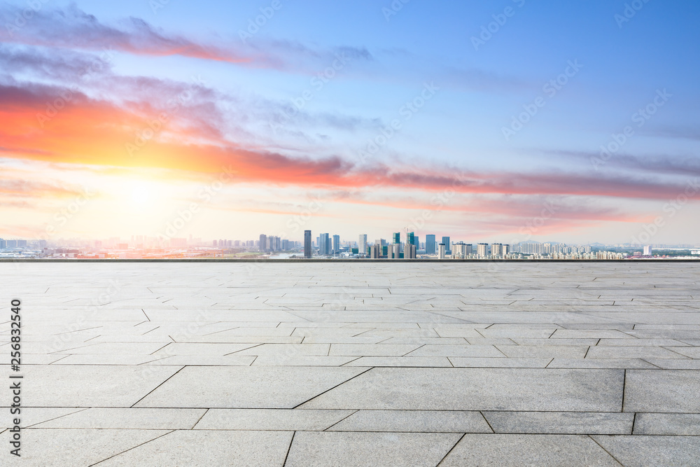 Panoramic city skyline and buildings with empty square floor in Shanghai,high angle view