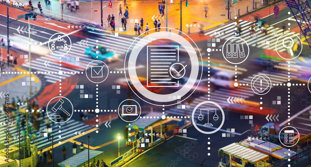 Compliance theme with busy city traffic intersection