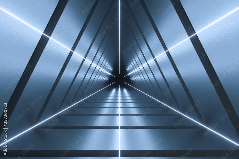 3d rendering, triangle tunnel with glowing lines background