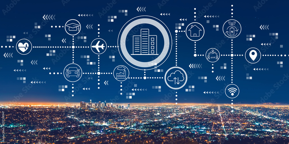 Smart city concept with downtown Los Angeles at night