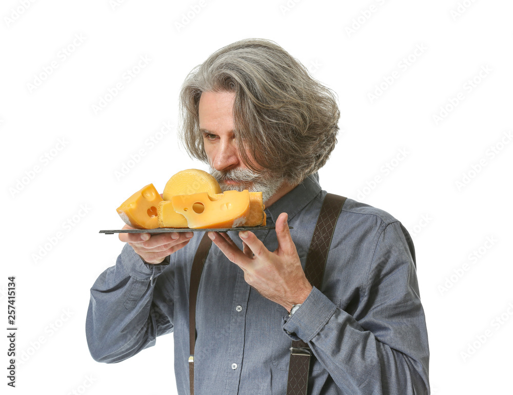 Male owner of cheese store on white background