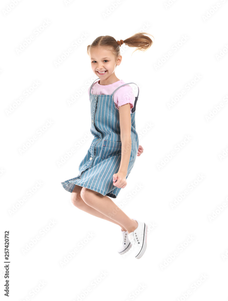 Funny jumping girl on white background