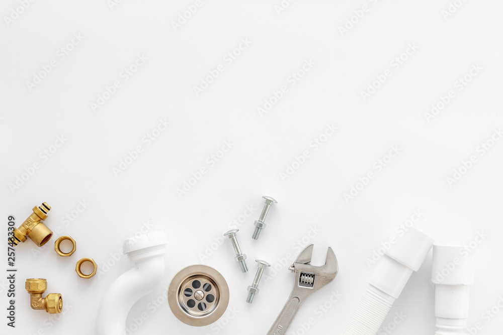 Plumber work with instruments, tools and gear on white background top view mockup